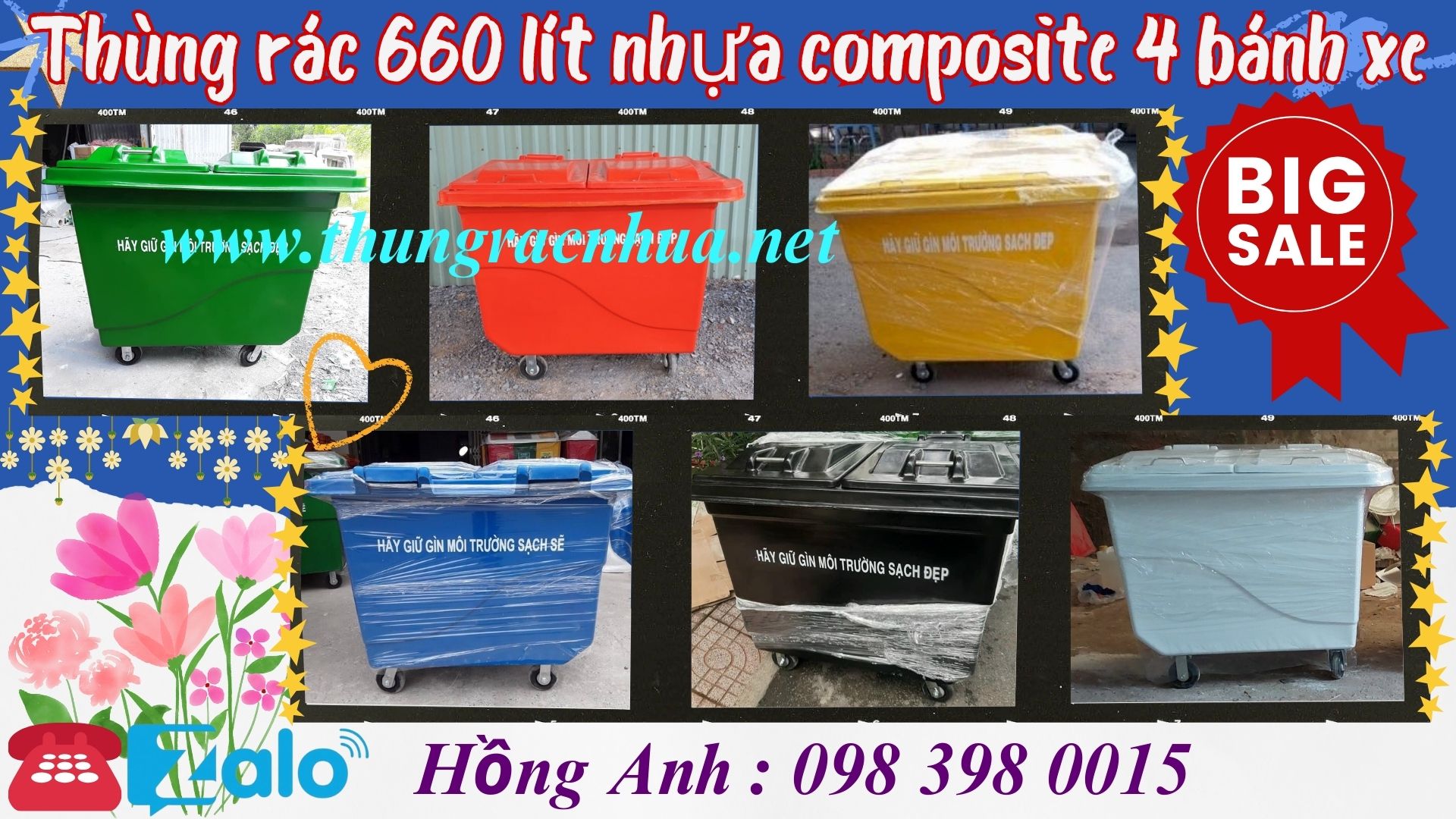 Thùng rác 660L với 4 bánh xe