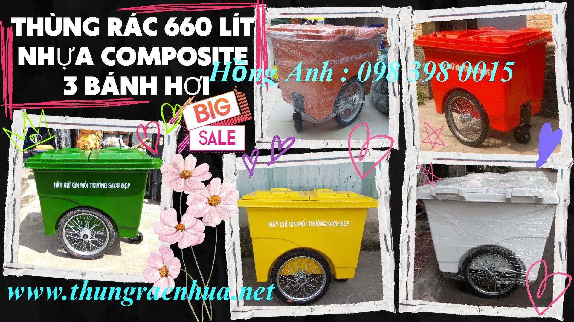 Xe đẩy rác composite 660 lít 3 bánh hội