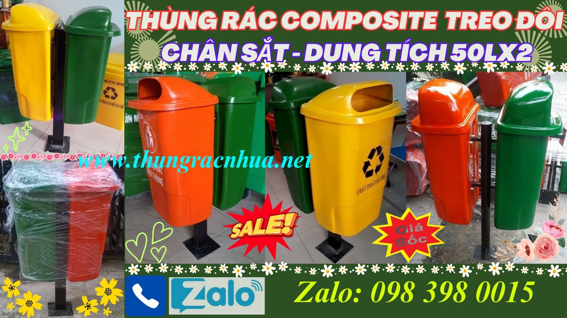 Thùng rác treo đôi chân sắt 50 lít composite